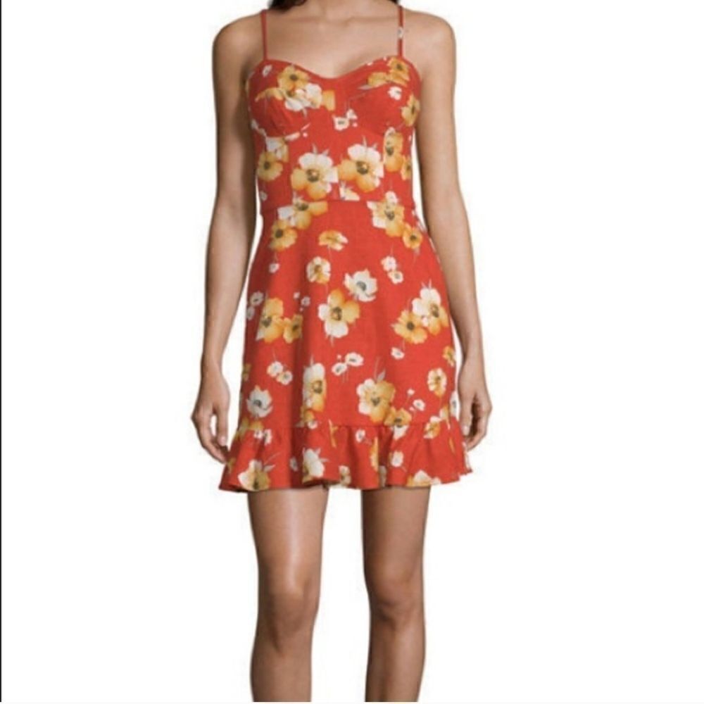 Speechless Fire Burnt Orange Floral Sleeveless  Linen Blend Spring Dress-Small